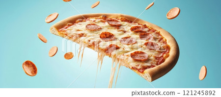 A delicious slice of pepperoni pizza with gooey cheese, suspended against a bright blue background, surrounded by scattered pepperoni pieces. 121245892