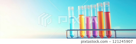 Colorful test tubes filled with liquids on a rack against a bright blue background, science, chemistry, and laboratory research. 121245907