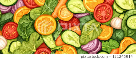 A vibrant assortment of fresh vegetables and fruits, salads and healthy 121245914