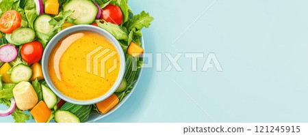 A vibrant bowl of salad with fresh vegetables and a delicious dressing 121245915