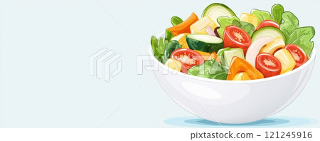A vibrant salad with fresh vegetables, including cucumbers, tomatoes, and peppers, in a white bowl, healthy 121245916