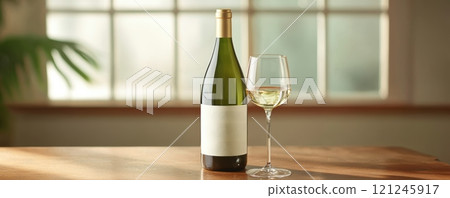 A sleek wine bottle and glass are elegantly positioned on a wooden table 121245917