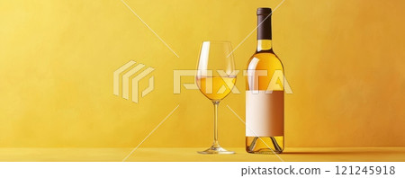 A bottle of white wine and a glass sit against a vibrant yellow background 121245918
