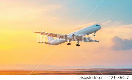 A plane ascends into a colorful sunset sky 121246037