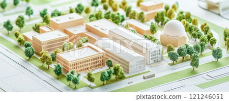 A detailed architectural model showcasing a modern campus layout with multiple buildings A detailed architectural model showcasing a modern campus layout with multiple buildings 121246051