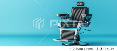 A sleek, modern barber chair in black and chrome A sleek, modern barber chair in black and chrome 121246056