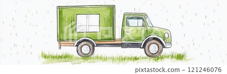 A green delivery truck with a boxy cargo area is depicted on grass 121246076