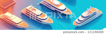 A vibrant illustration of luxury yachts anchored in clear blue waters 121246089
