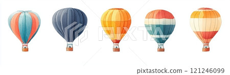 A colorful array of vintage-style hot air balloons, each featuring unique patterns A colorful array of vintage-style hot air balloons, each featuring unique patterns 121246099