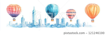 Colorful hot air balloons float above a serene city skyline 121246100