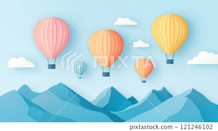 Colorful hot air balloons soar above a serene mountainous landscape under a blue sky 121246102