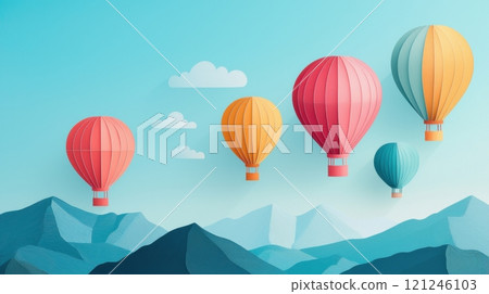 Colorful hot air balloons float above stylized mountains against a vibrant blue sky Colorful hot air balloons float above stylized mountains against a vibrant blue sky 121246103