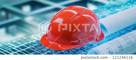 A bright red hard hat rests on a textured surface, construction safety and worker protection 121246116