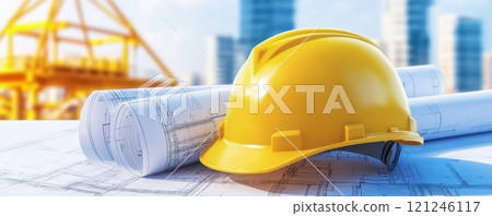 A bright yellow hard hat rests on architectural blueprints, construction and safety in a developing urban environment. 121246117
