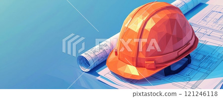 A bright orange hard hat rests on blue construction plans, safety and planning in the construction industry. 121246118