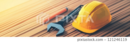 A safety helmet, adjustable wrench, and screwdriver are placed on a wooden surface, construction or repair work. 121246119