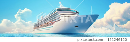 A majestic cruise ship sails through a calm sea against a backdrop of vibrant blue sky and fluffy clouds. 121246120