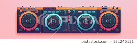 A vibrant, retro-style boombox featuring large turntables and colorful controls 121246131