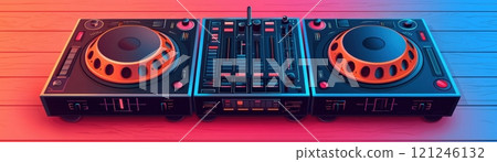 A modern DJ controller with vibrant lighting, featuring two jog wheels and various controls for mixing A modern DJ controller with vibrant lighting, featuring two jog wheels and various controls for mixing 121246132