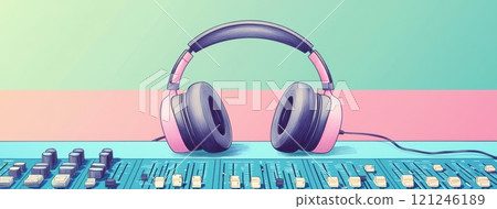 A colorful image featuring headphones resting on a mixing console 121246189