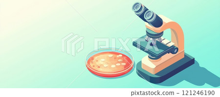 A colorful illustration featuring a microscope beside a petri dish, scientific research and microbiology. 121246190