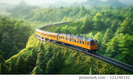 A vibrant yellow train navigates a winding railway through lush green hills 121246191