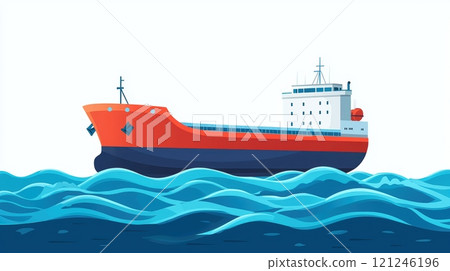 A vibrant cargo ship sails through stylized waves, illustrating maritime transport 121246196