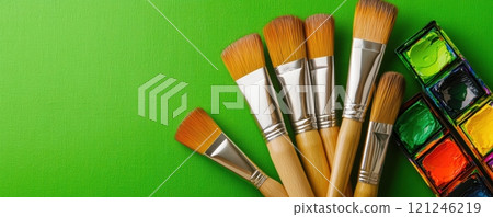 A vibrant arrangement of paintbrushes and watercolor paints against a green background 121246219