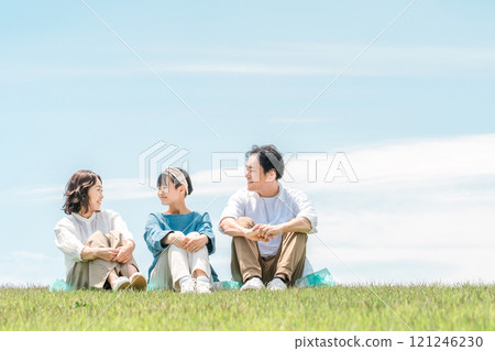 A park with a view of the blue sky, a family sitting on a hill (father, mother, daughter) 121246230