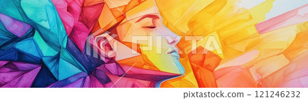 A vibrant, abstract portrait of a person basking in colorful sunlight 121246232