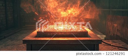 An intense explosion of sparks erupts from a metal surface 121246291