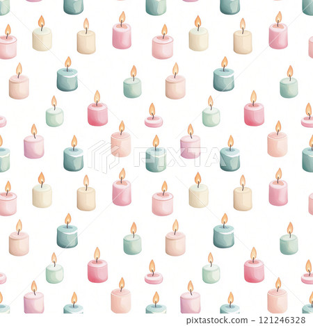 A colorful pattern featuring various candles with flames, set against a white background,seamless pattern background 121246328