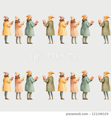 A whimsical illustration of people in colorful winter clothing,seamless pattern background 121246329