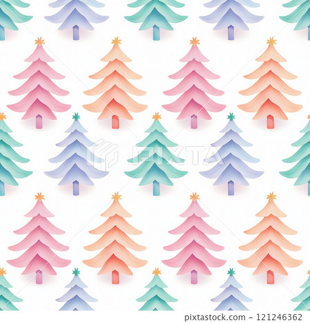 A playful, pastel-patterned background featuring various decorated Christmas trees,seamless pattern background 121246362
