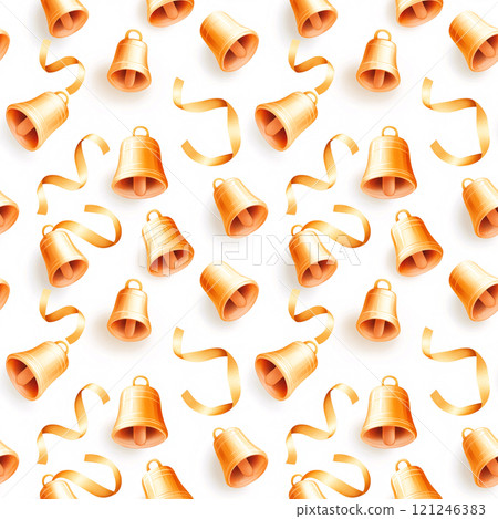 A vibrant pattern of golden bells and ribbons on a white background,seamless pattern background 121246383