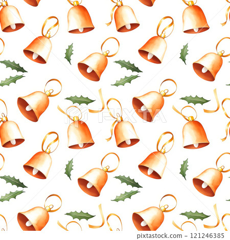 A festive pattern featuring golden bells and green holly leaves on a white background,seamless pattern background 121246385