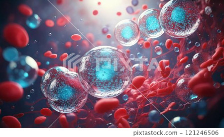 3D CG illustration of hematopoietic stem cells in the body producing red blood cells Medical material 121246506