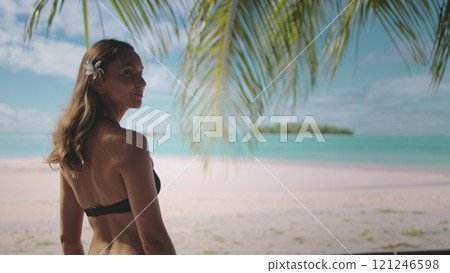 A woman in a bikini standing on a sandy beach with the ocean in the background. A woman in a bikini standing on a sandy beach with the ocean in the background. 121246598