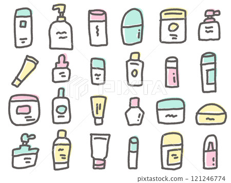 Set of cute hand-drawn cosmetic and medicine container icons Set of cute hand-drawn cosmetic and medicine container icons 121246774