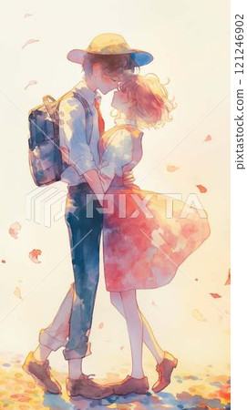 Summer Wind and Love | A couple hugging at dusk and fluttering flower petals 121246902