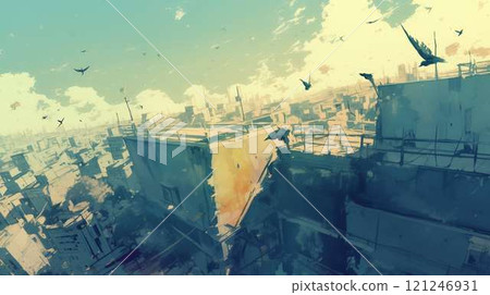 Seaside cityscape | Silhouettes of the port and skyscrapers dyed in the sunset 121246931