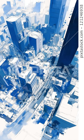 [Near-future city] Aerial view of skyscrapers painted in blue and white | Futuristic cityscape illustration 121246938