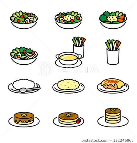 插圖集食物，如沙拉、bagna cauda、米飯、煎蛋捲飯、煎餅等。 121246963
