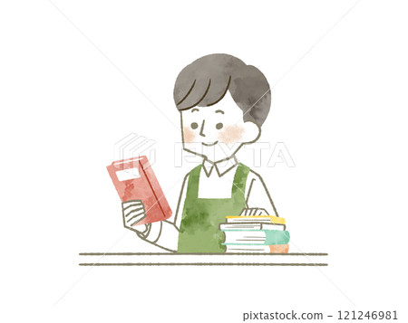 A man wearing an apron holding a book - watercolor A man wearing an apron holding a book - watercolor 121246981