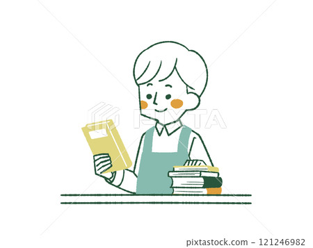 一個穿著圍裙的男人手裡拿著一本書 - 4 種顏色 121246982