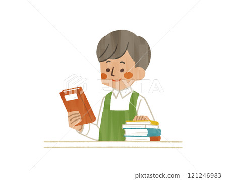 一個穿著圍裙的男人手裡拿著一本書──Gash 121246983