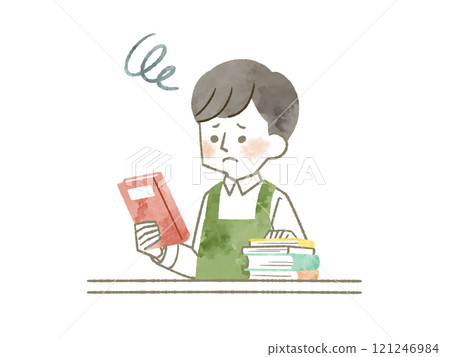 A man wearing an apron holding a book with a troubled expression - watercolor 121246984