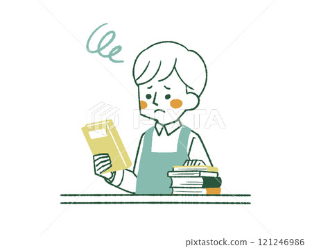 A man wearing an apron holding a book with a troubled expression - 4 colors A man wearing an apron holding a book with a troubled expression - 4 colors 121246986