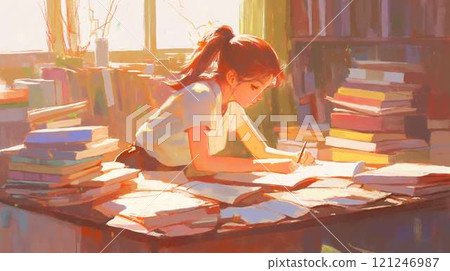 A girl studying hard in her room | A study scene surrounded by many books and the light of dusk 121246987