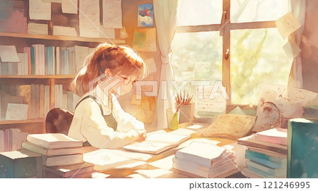 專心閱讀的女孩 | 被書包圍、光線充足的書房的安靜時光 121246995
